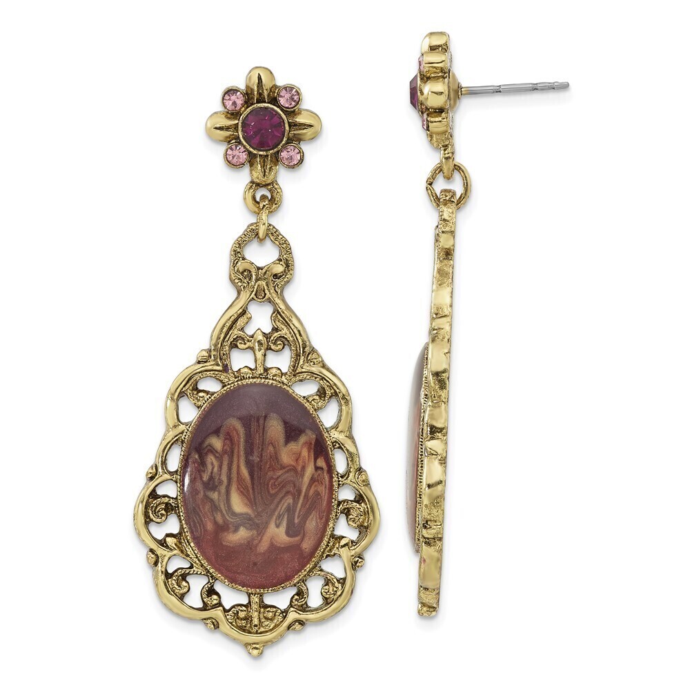 Filigree Frame Purple Crystal Oval Purple Enamel Teardrop Dangle Post Earrings